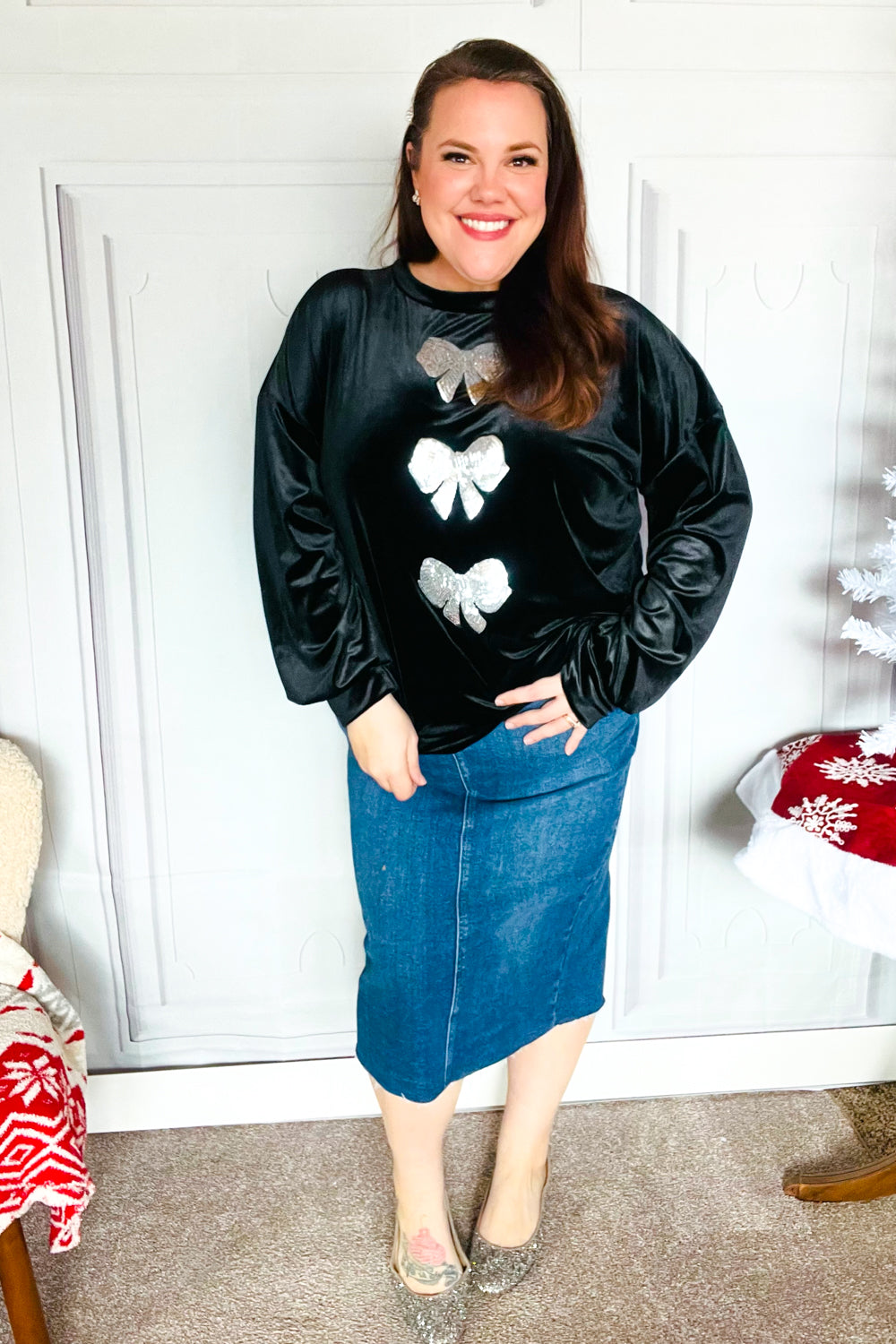 Holiday Ready - Sequin Bow Velvet Top