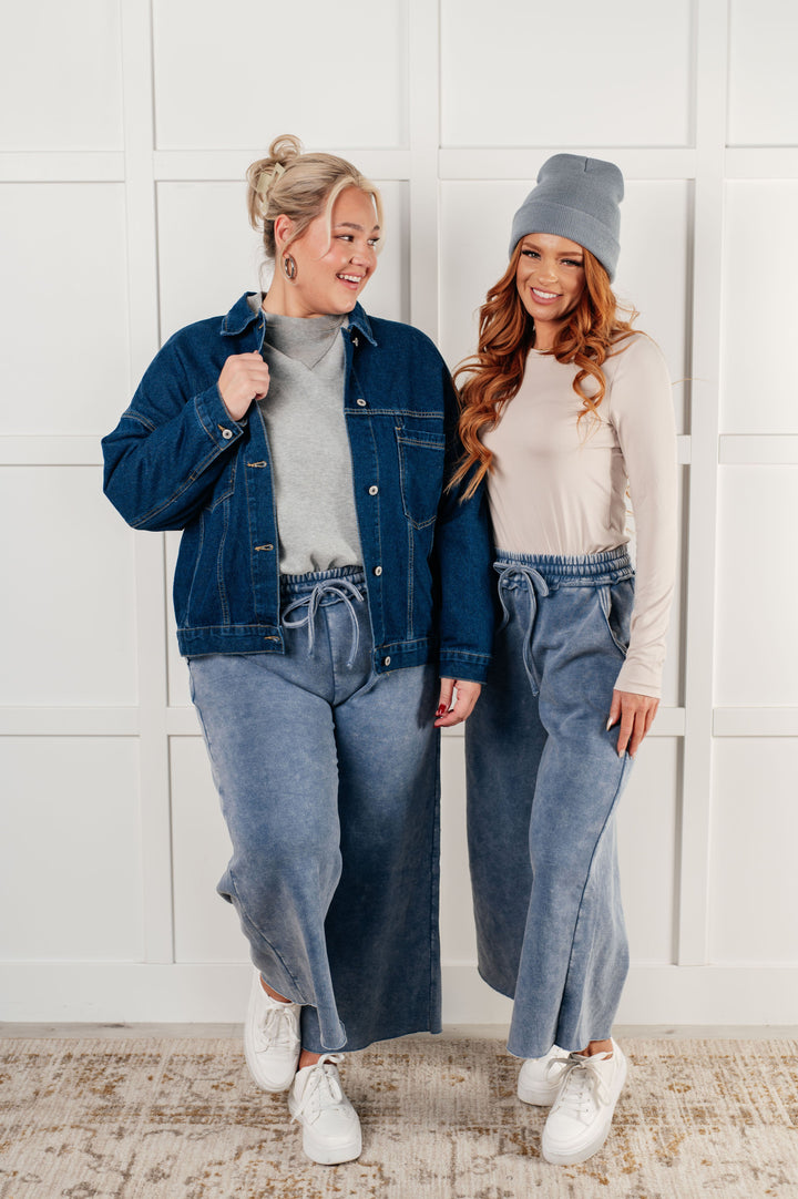 Cozy In Style - Wide-Leg Cropped Pants - Dusty Blue