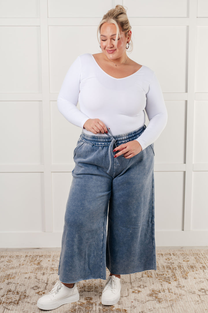 Cozy In Style - Wide-Leg Cropped Pants - Dusty Blue