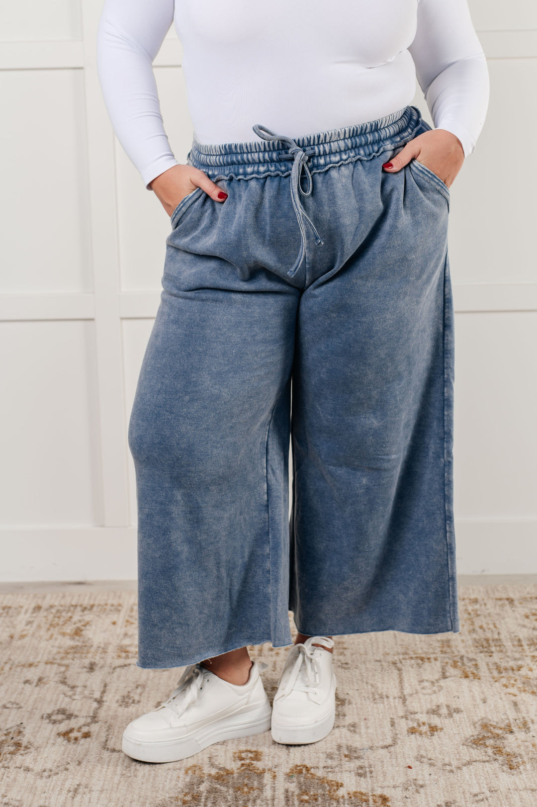 Cozy In Style - Wide-Leg Cropped Pants - Dusty Blue