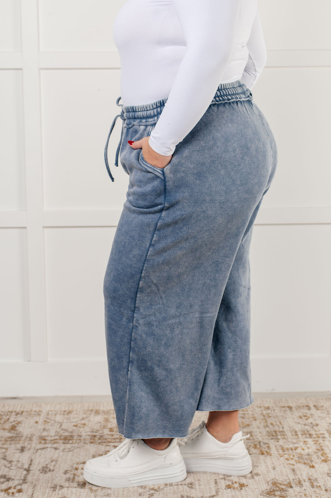 Cozy In Style - Wide-Leg Cropped Pants - Dusty Blue