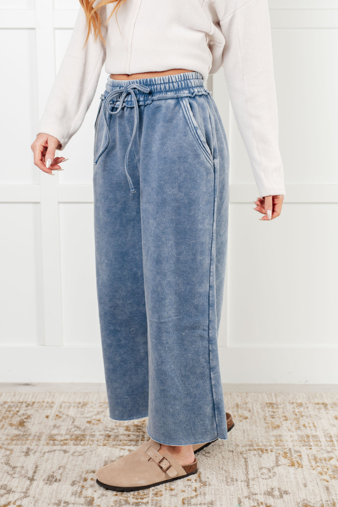 Cozy In Style - Wide-Leg Cropped Pants - Dusty Blue