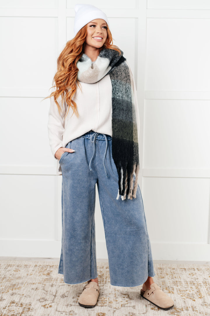 Cozy In Style - Wide-Leg Cropped Pants - Dusty Blue