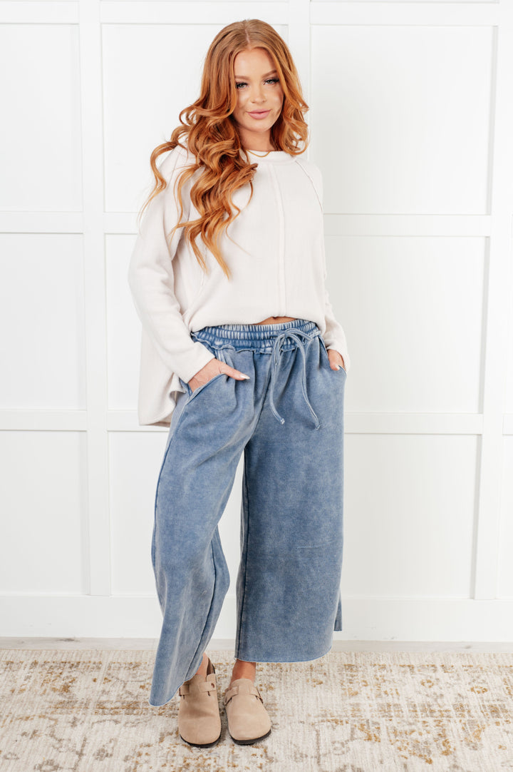 Cozy In Style - Wide-Leg Cropped Pants - Dusty Blue