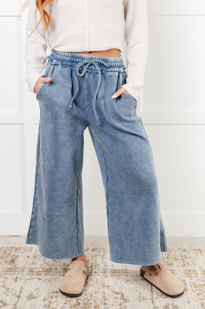 Cozy In Style - Wide-Leg Cropped Pants - Dusty Blue