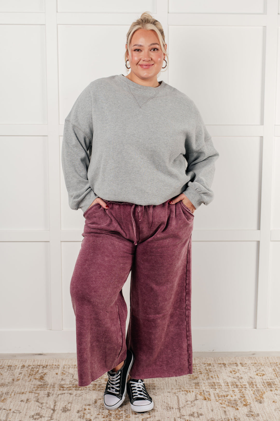 Cozy In Style - Wide-Leg Cropped Pants - Eggplant