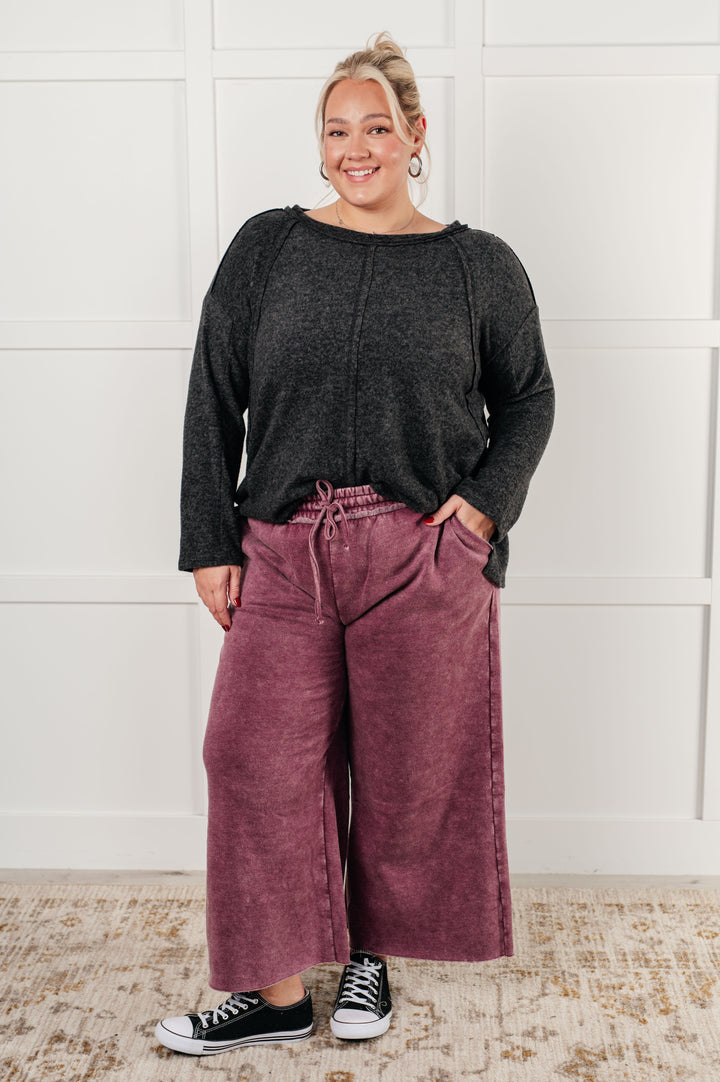 Cozy In Style - Wide-Leg Cropped Pants - Eggplant