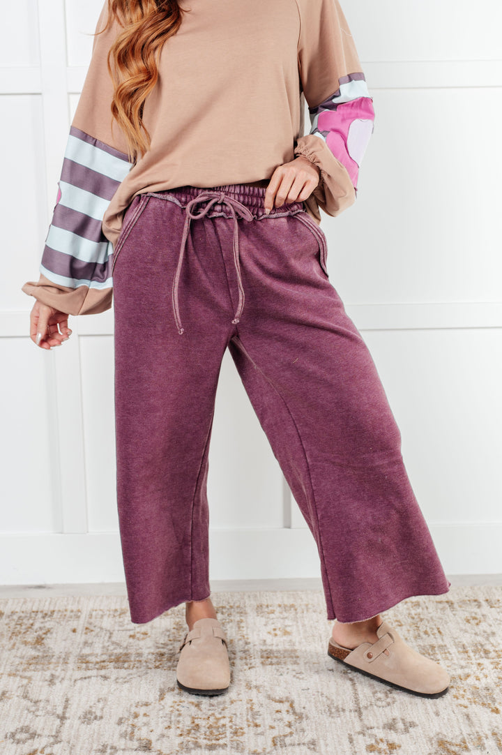 Cozy In Style - Wide-Leg Cropped Pants - Eggplant