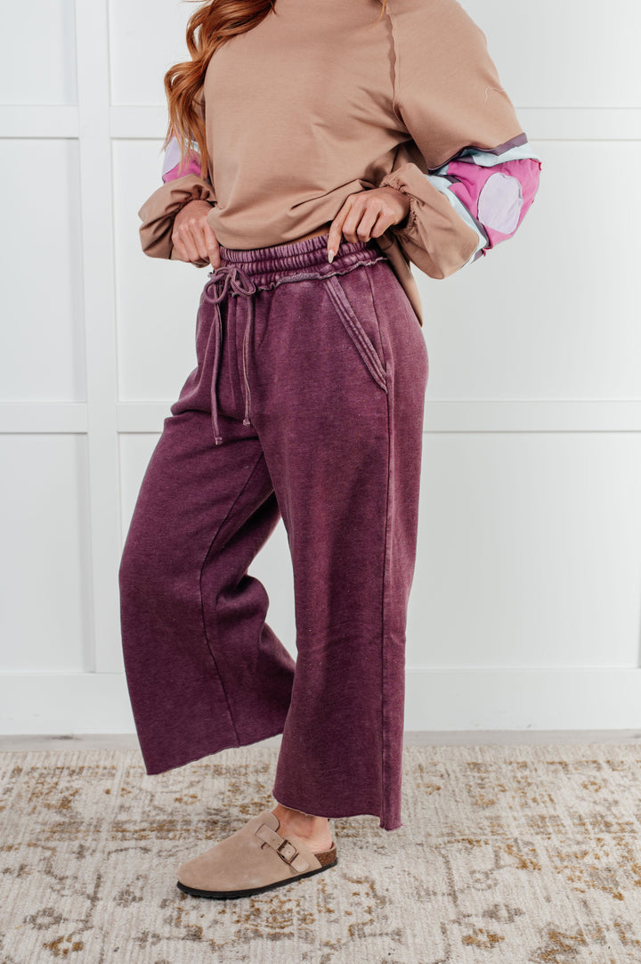 Cozy In Style - Wide-Leg Cropped Pants - Eggplant