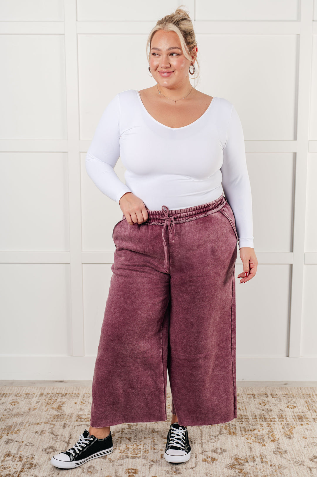 Cozy In Style - Wide-Leg Cropped Pants - Eggplant