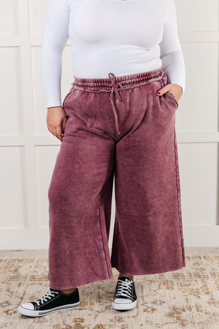 Cozy In Style - Wide-Leg Cropped Pants - Eggplant