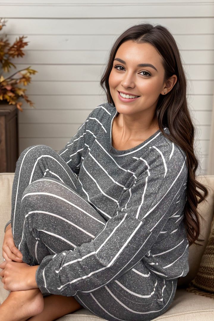 Time To Relax - Striped Loungewear Set - Charcoal