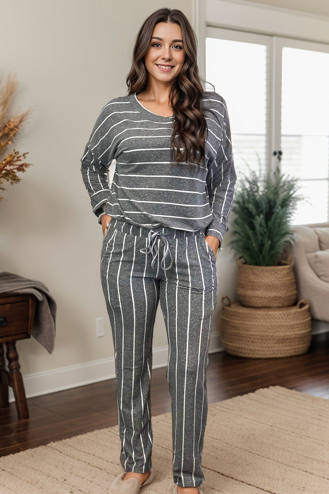 Time To Relax - Striped Loungewear Set - Charcoal