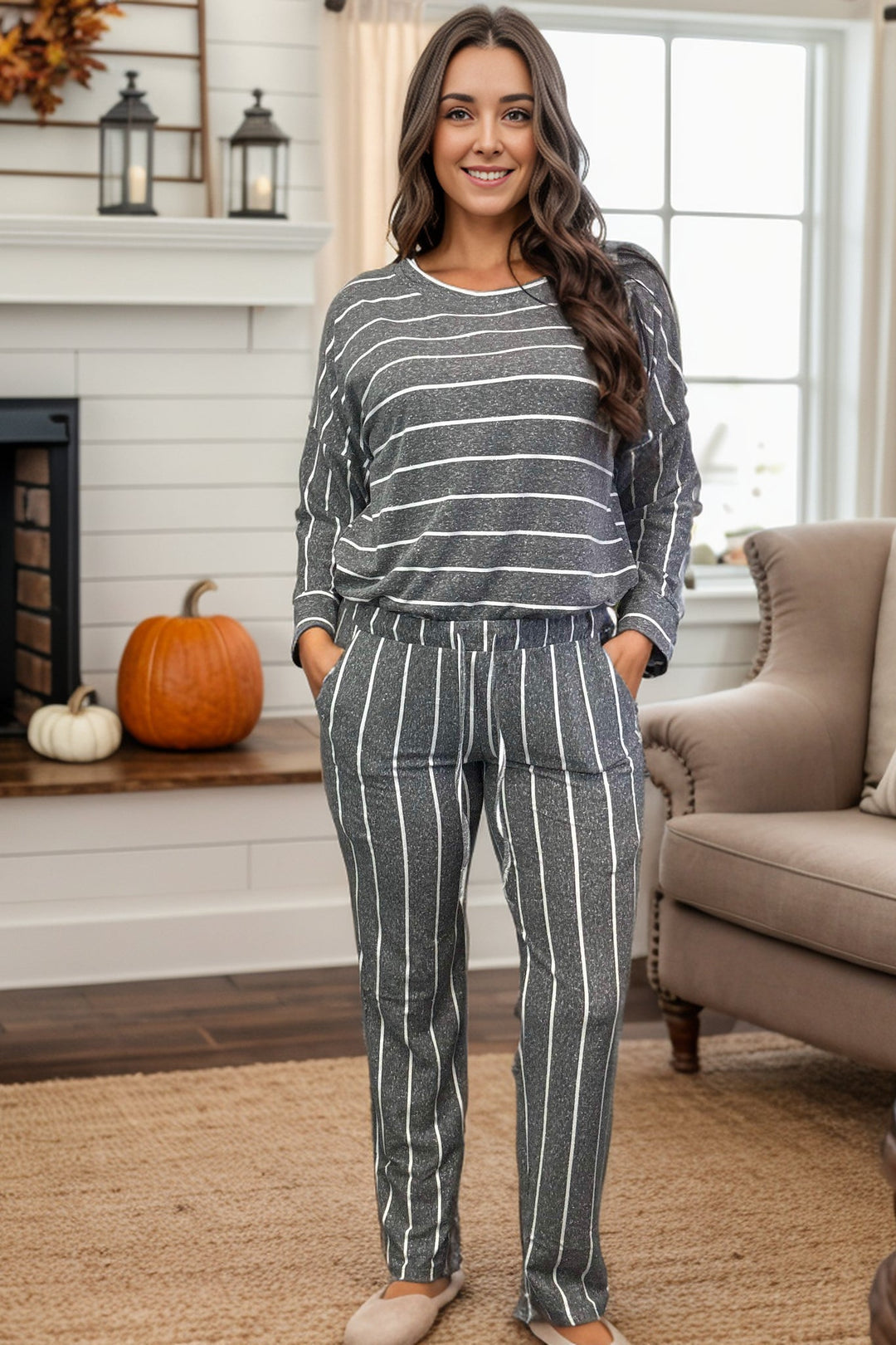 Time To Relax - Striped Loungewear Set - Charcoal