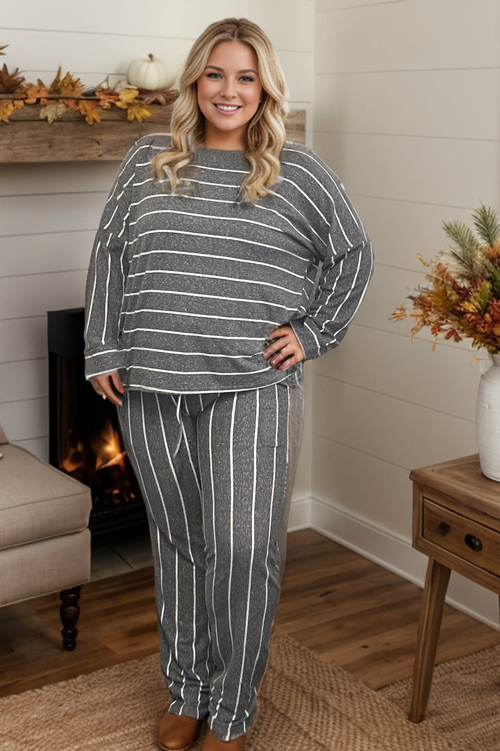 Time To Relax - Striped Loungewear Set - Charcoal