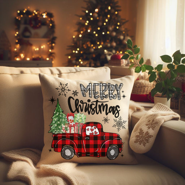 Christmas Plaid Truck - Be The Light - 18x18 2-Sided Pillow (2 Pillows in 1)