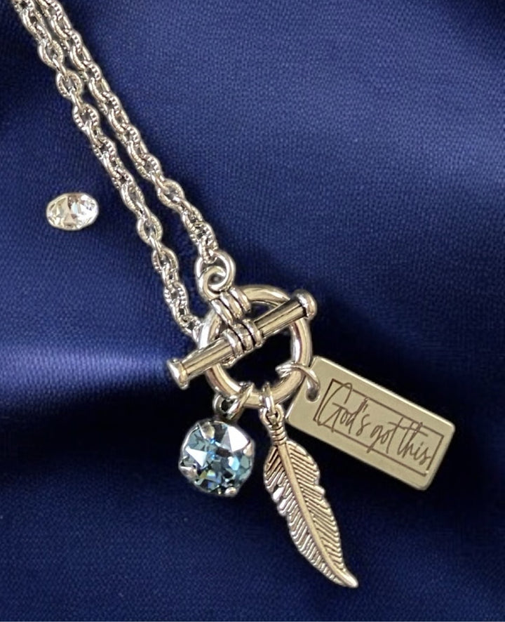 God's Got This Charm - Under His Feathers Toggle Necklace - Cool Blue Crystal