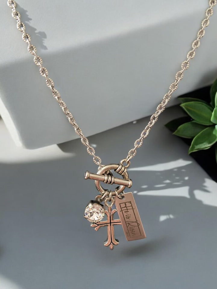 He Is Risen Charm With Cross - The Open Tomb - Toggle Necklace