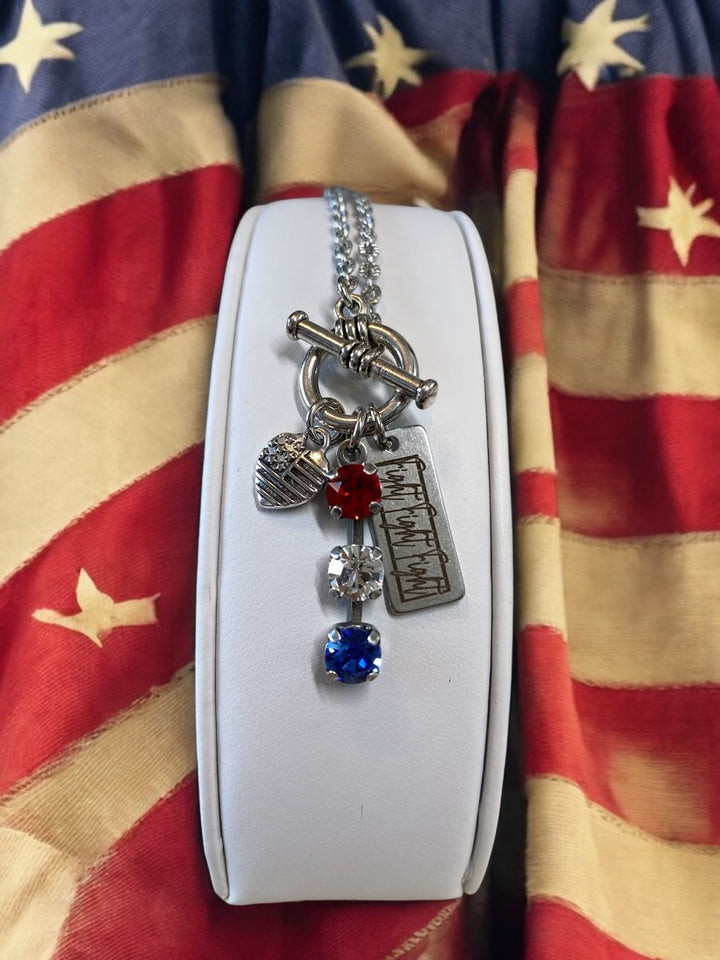 Fight, Fight, Fight Charm - Red, White, Blue Austrian Crystals - USA Flag Necklace (2 Styles)