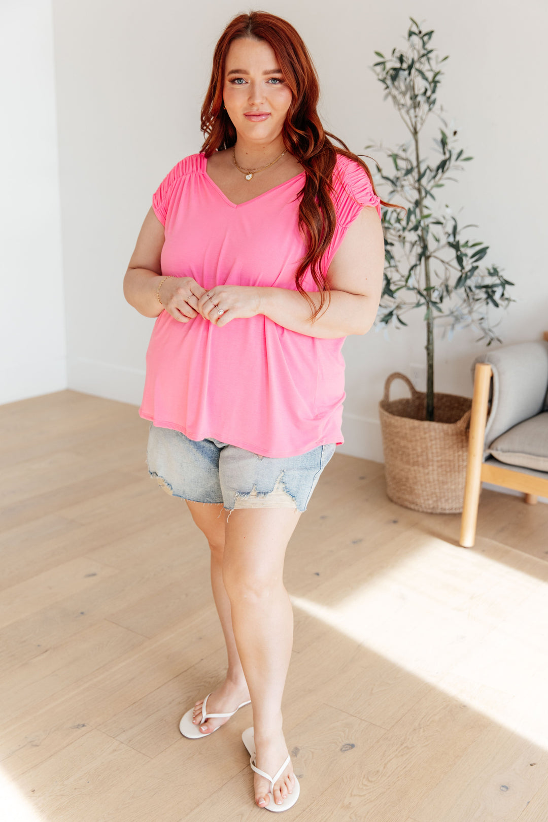 Keeping It Cool - Ruched Top - Neon Pink