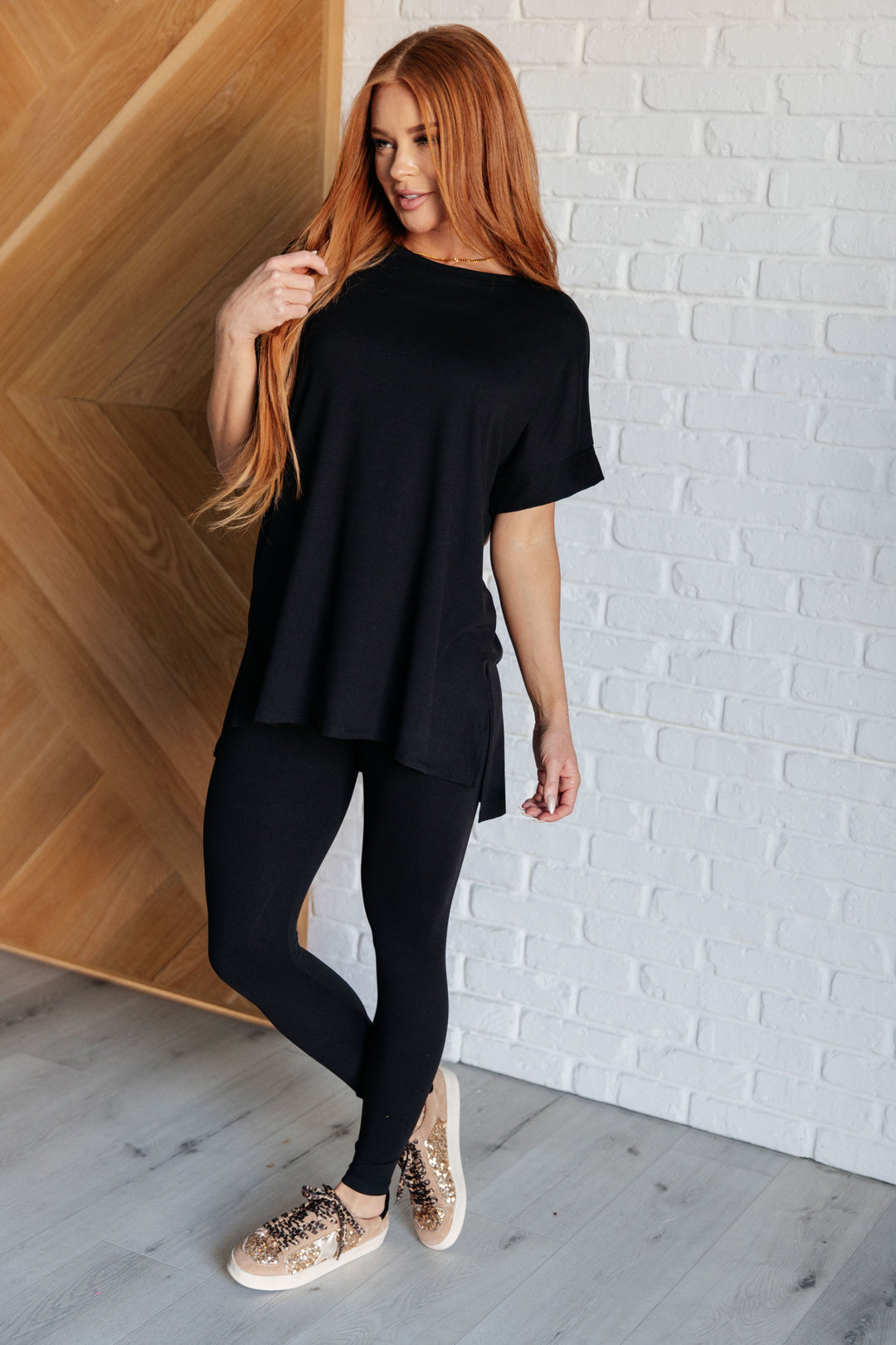 Brushed Microfiber Shirt & Leggings Set - Black