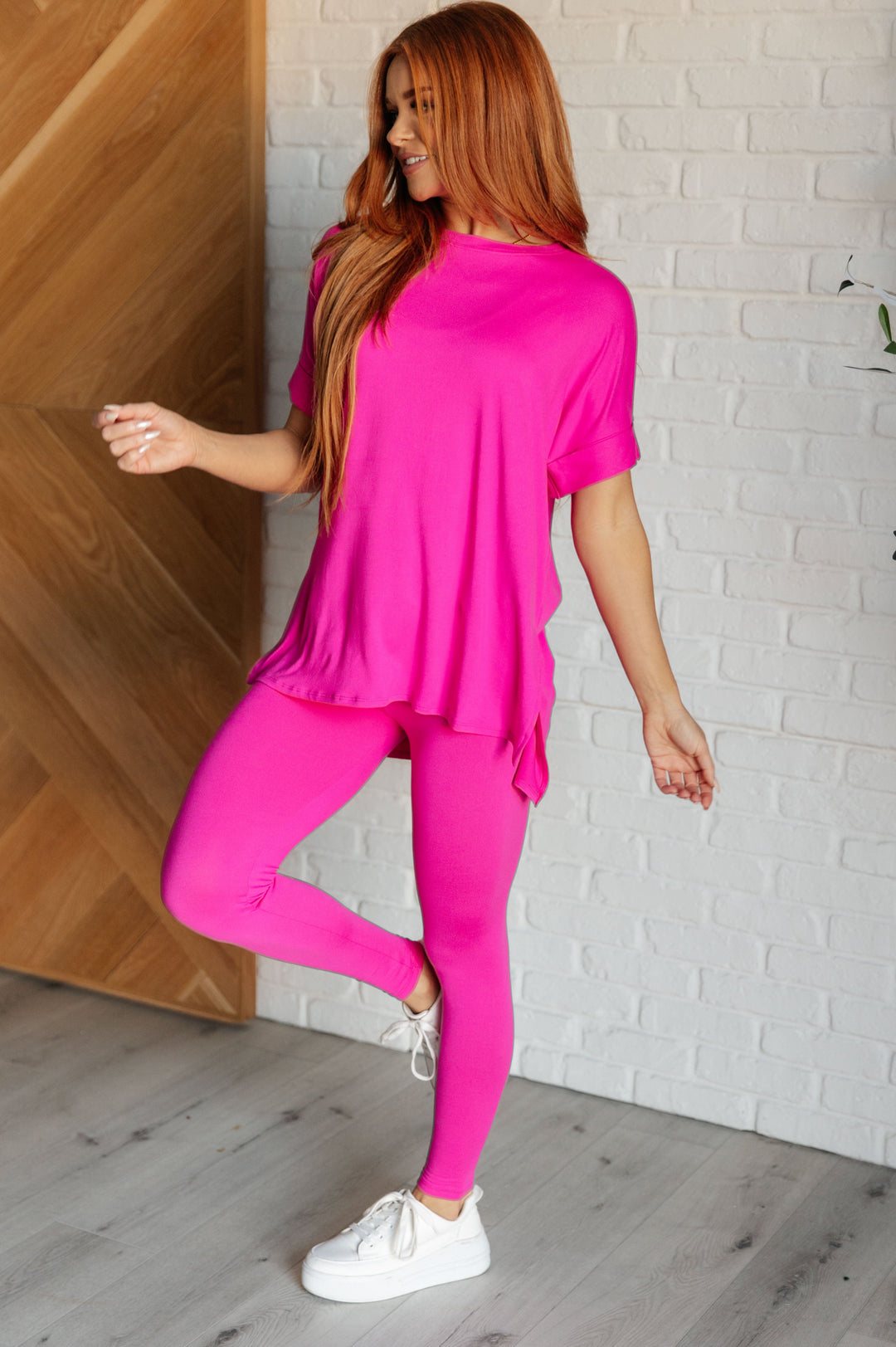 Brushed Microfiber Shirt & Leggings Set - Hot Pink