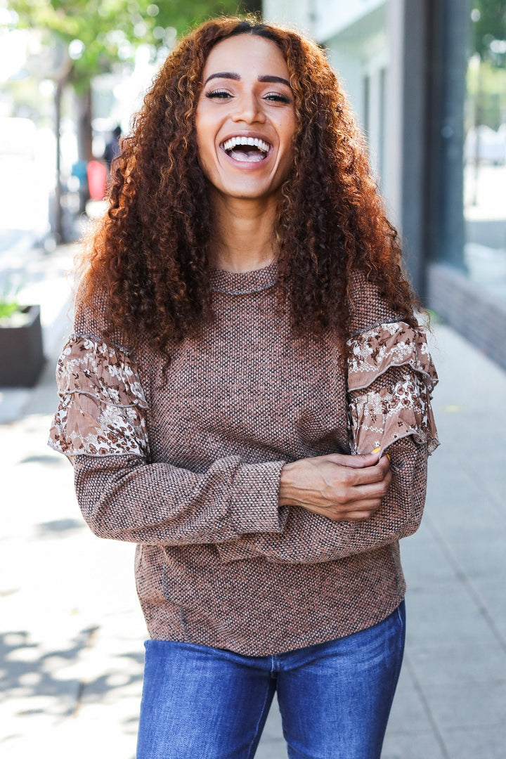 Playful Chic - Two-Tone Floral Print Knit Sweater Top