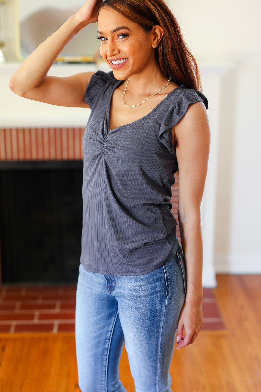 Charcoal Sweetheart Ribbed Top