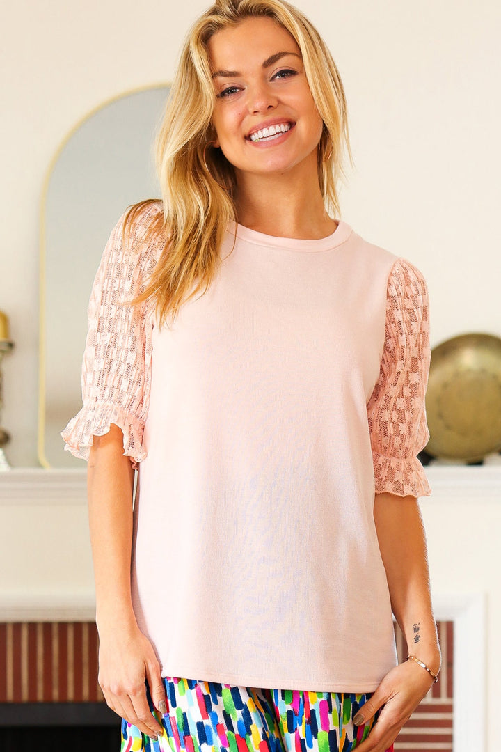 Peach Beauty French Terry Lace-Sleeve Top