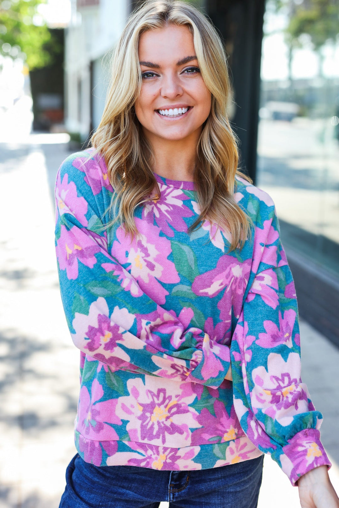 Boldly You - Soft Floral Sweater Top - Teal