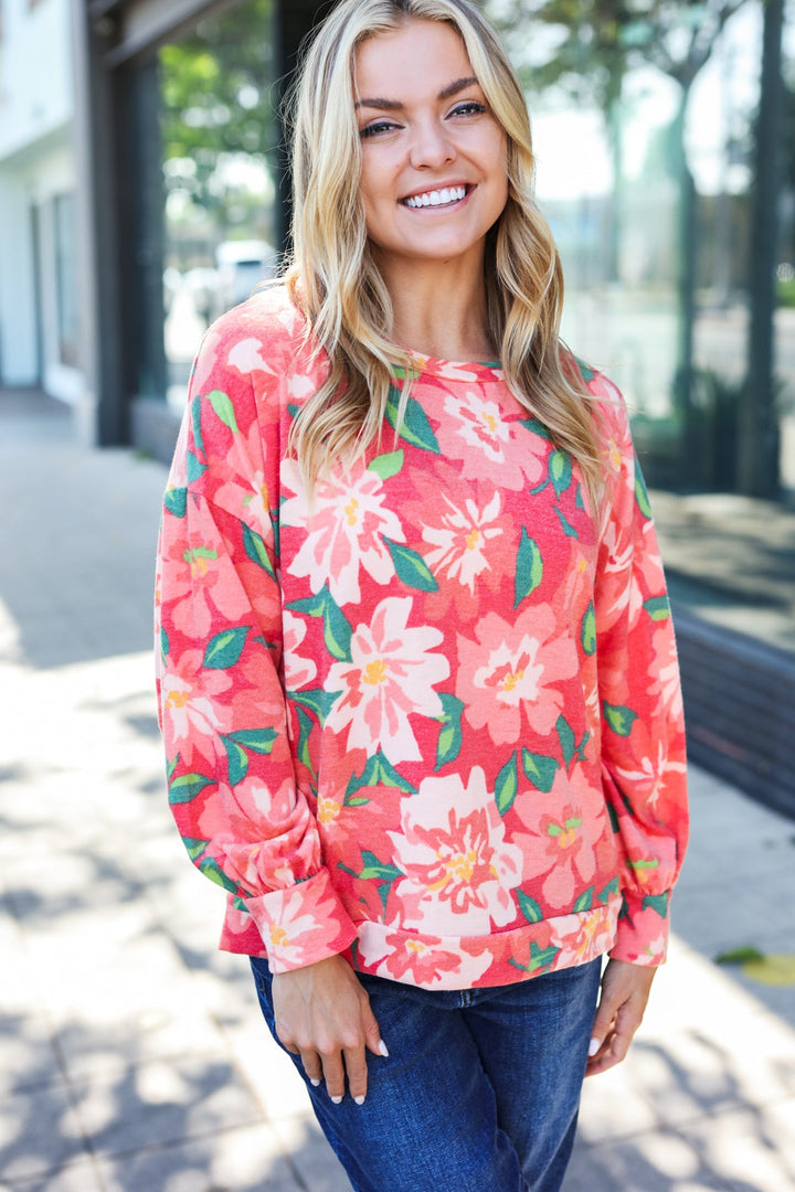 Boldly You - Soft Floral Sweater Top - Red