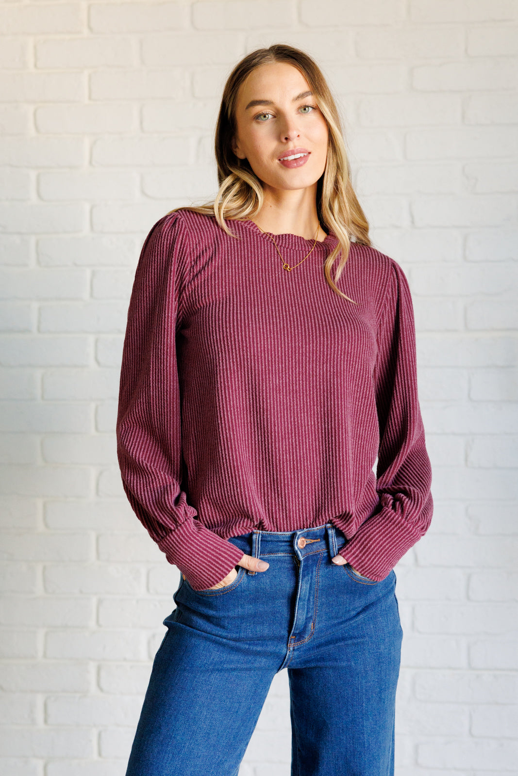 [FINAL SALE] Mineral-Wash Ribbed Knit Top - Wine