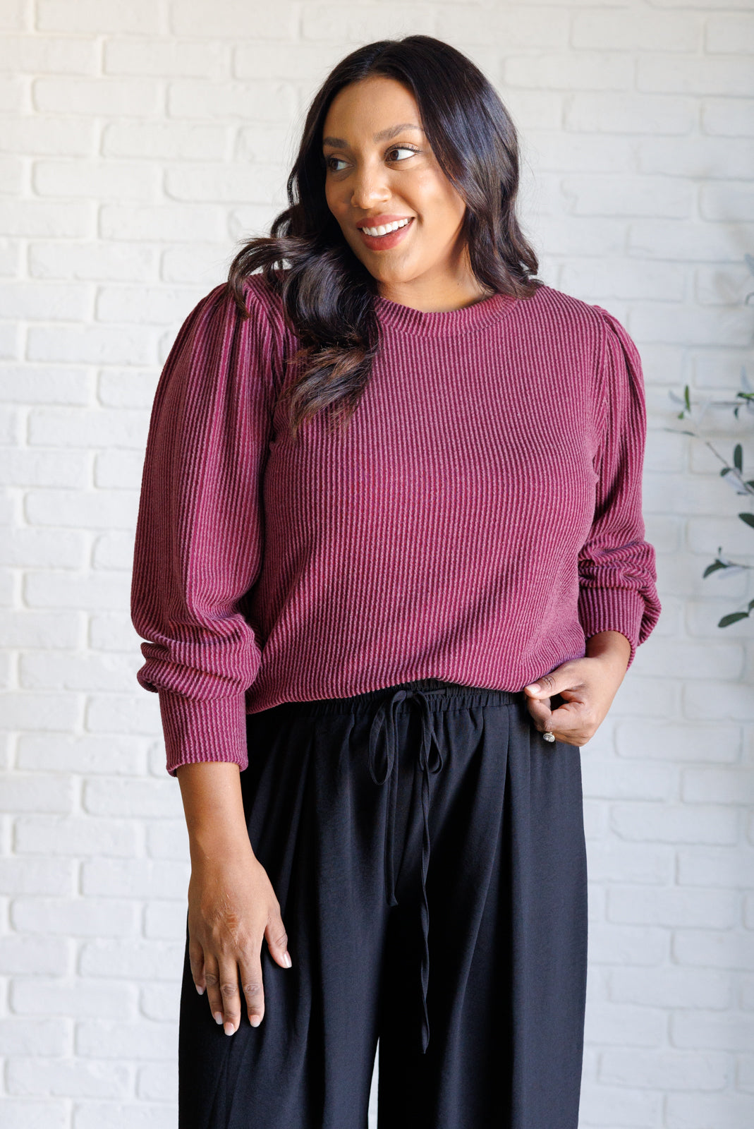 [FINAL SALE] Mineral-Wash Ribbed Knit Top - Wine