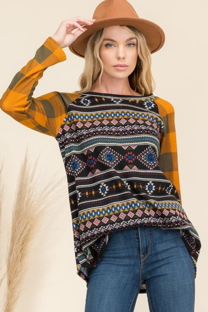 Aztec-Print Plaid Raglan Top