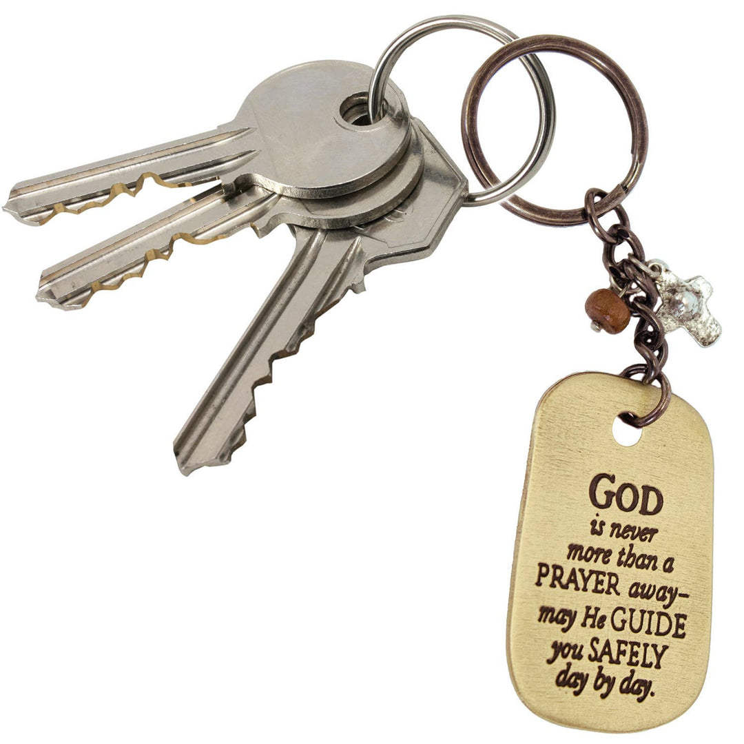 God is Never More Than A Prayer Away - Key Chain Ring With Cross & Wood Charms