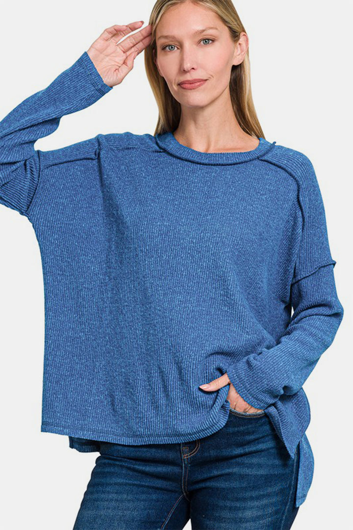 Cozy Style - Brushed Knit Sweater Top - Blue