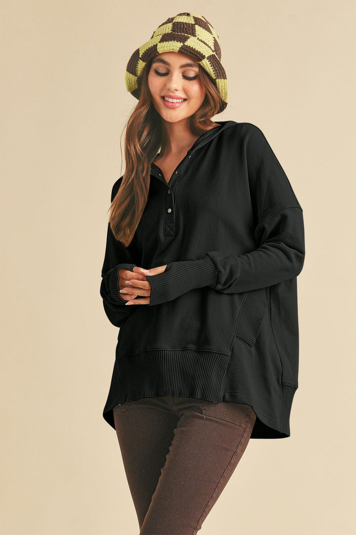 Half-Snap Cotton Hoodie With Thumbholes