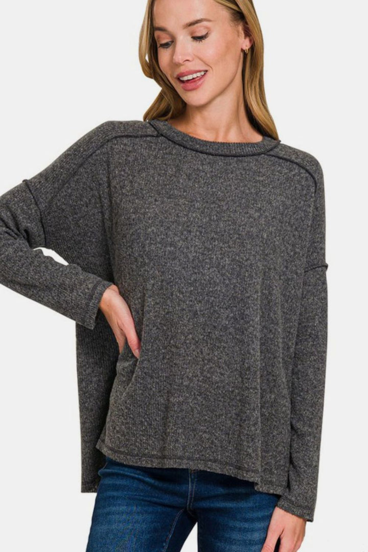 Cozy Style - Brushed Knit Sweater Top - Heather Black