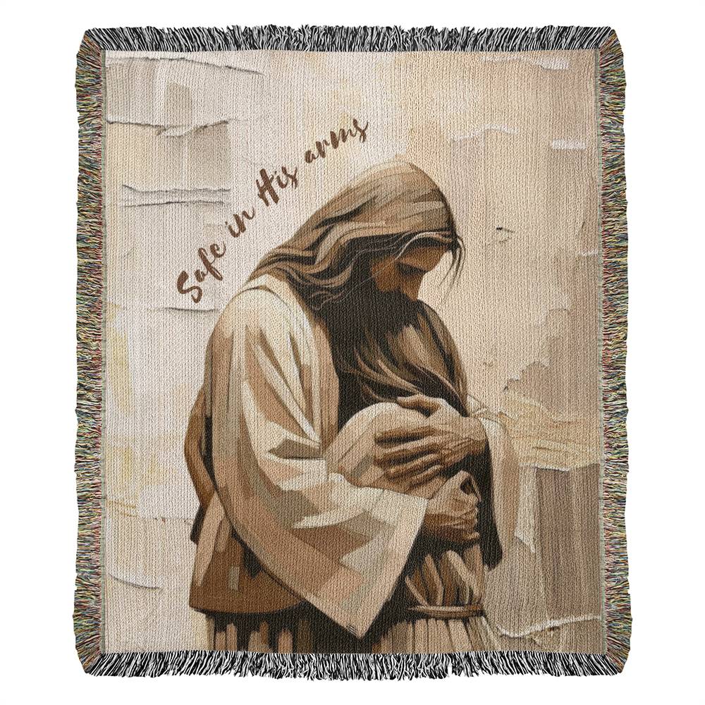 Safe In His Arms - Jesus Hugging Woman - 100% Cotton Yarn Heirloom Woven Blanket - 50x60