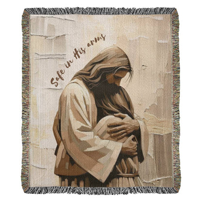 Safe In His Arms - Jesus Hugging Woman - 100% Cotton Yarn Heirloom Woven Blanket - 50x60