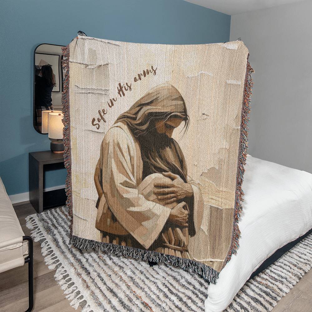 Safe In His Arms - Jesus Hugging Woman - 100% Cotton Yarn Heirloom Woven Blanket - 50x60