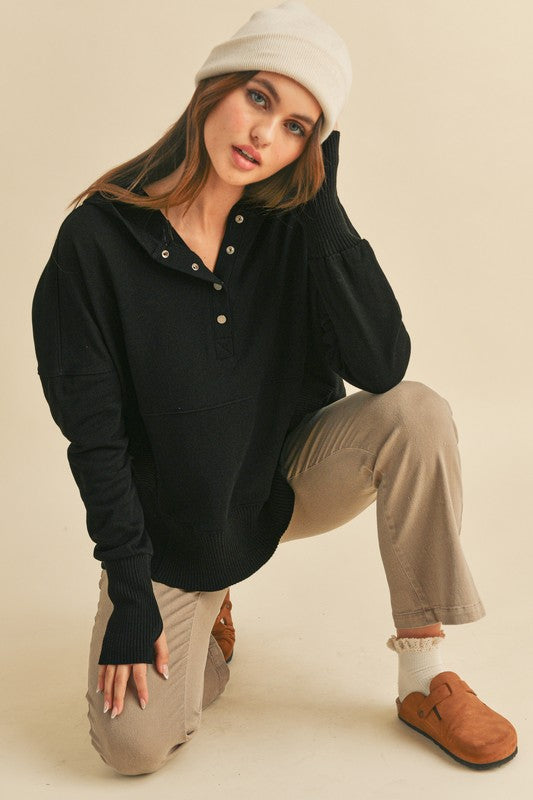 Half-Snap Cotton Hoodie With Thumbholes