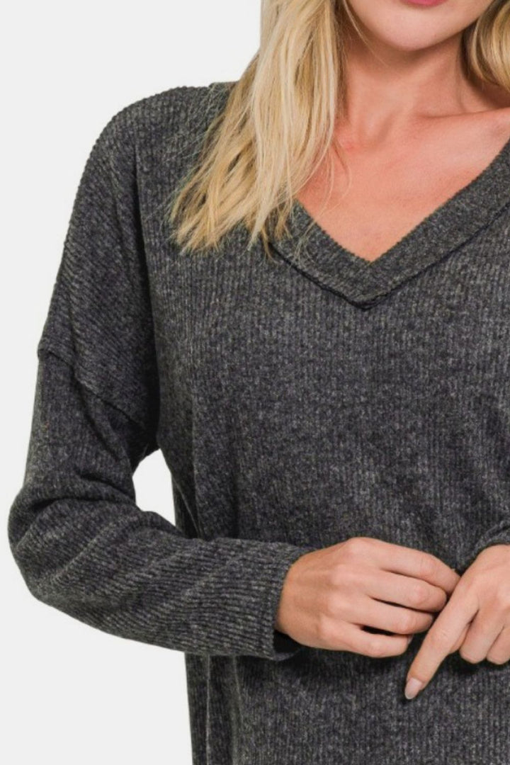 Perfect Basics - Ribbed Drop-Shoulder Top - Heather Black