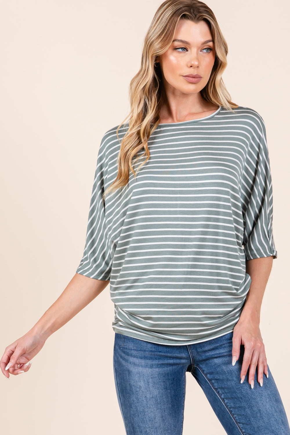 Closet Staple - Striped Boat-Neck Dolman Top - Dusty Olive