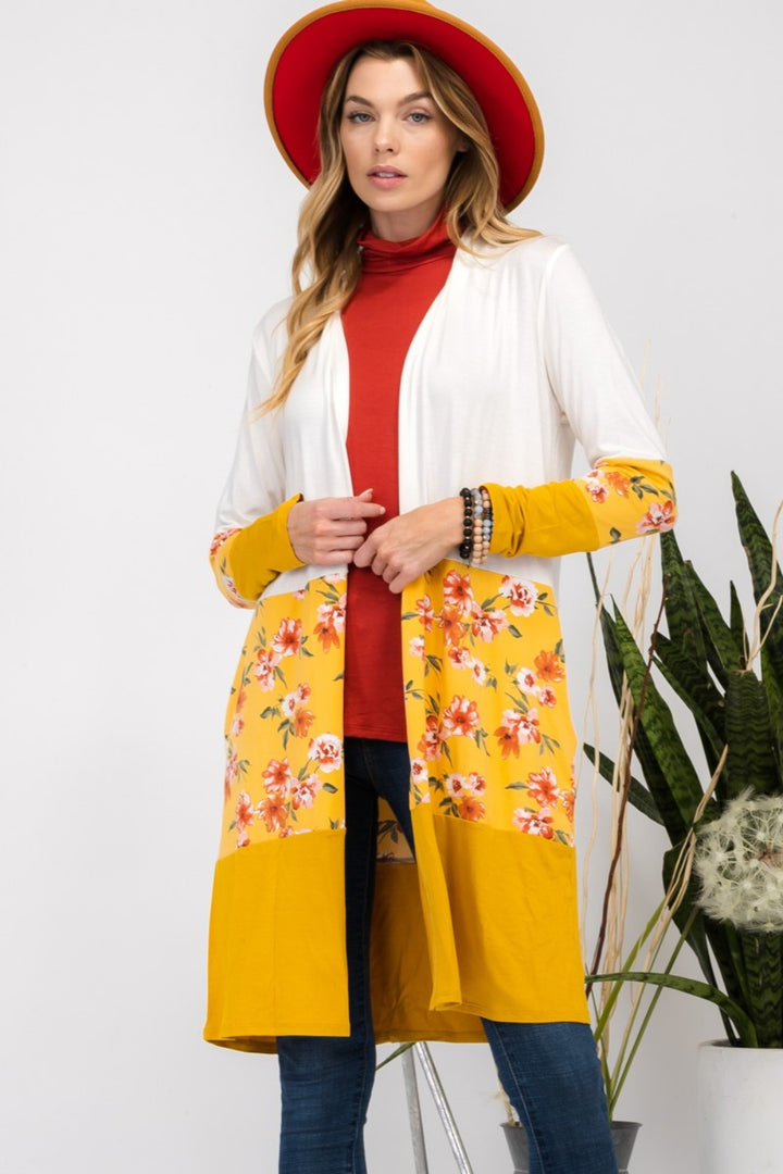 Flowy Floral Color Block Cardigan - Ivory/Mustard