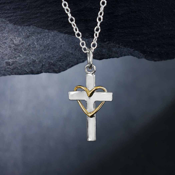 Dainty Cross With Bronze/Gold Heart - Heartfelt Sterling Silver Necklace