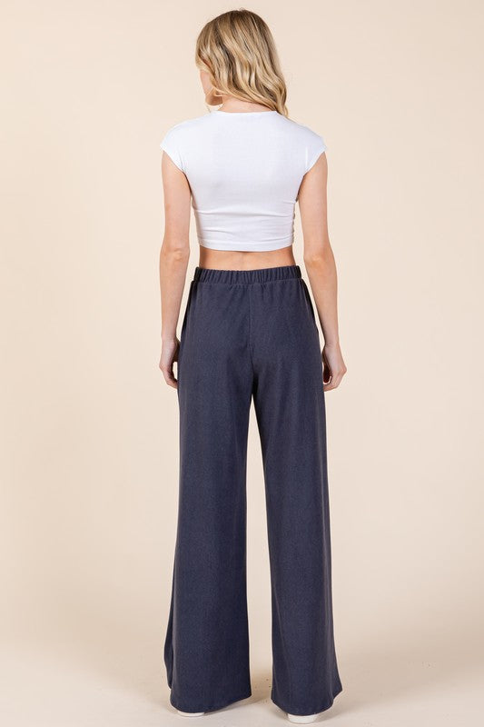 Elastic Waist Wide-Leg Pants - Navy