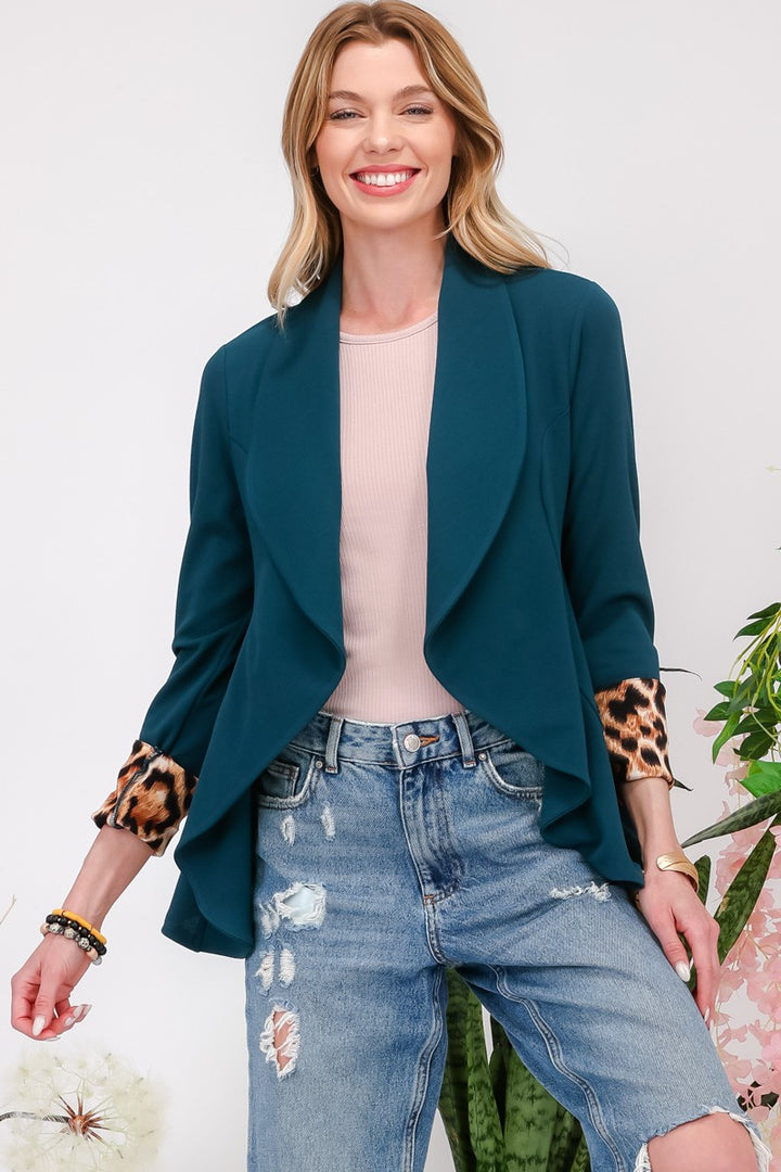 Richly Blessed - Leopard Cuff Cardigan Blazer - Teal/Hunter Green