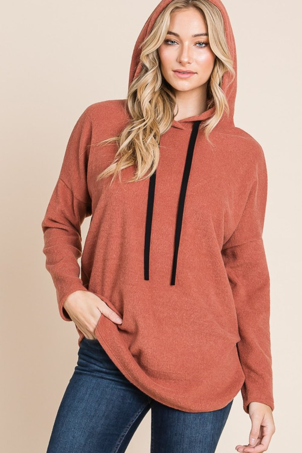 Drop-Shoulder Knit Hoodie - Brick