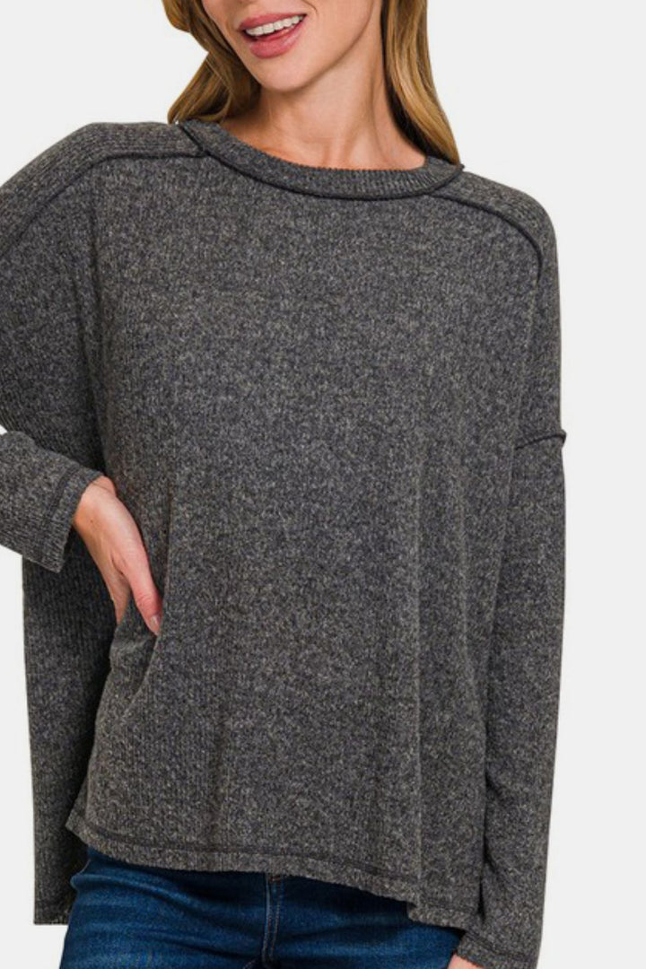 Cozy Style - Brushed Knit Sweater Top - Heather Black